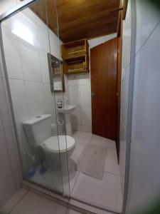 ein Bad mit einem WC und einer Glasdusche in der Unterkunft Loft praia Porto Belo in Porto Belo