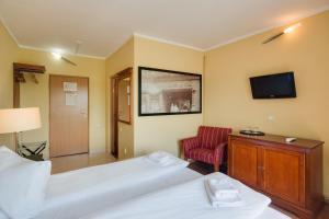 a hotel room with two beds and a tv at Han Paprika Tureni in Tureni