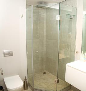 a glass shower in a bathroom with a toilet at 16 on Bree luxury studio apartment with city mountain views in Cape Town