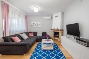 uma sala de estar com um sofá e uma televisão de ecrã plano em Touch of happiness apartment em Viskovo