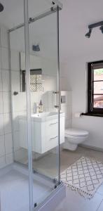 uma cabina de duche em vidro numa casa de banho com WC em Stay At This Magnificent 100 Year Old Barn em Ruciane-Nida