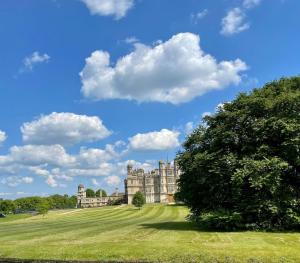 a castle on a field with a tree in the foreground at Farriers Cottage in Grantham