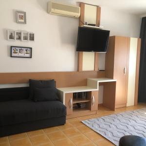 a living room with a couch and a tv at Csorvy Apartman in Hajdúszoboszló