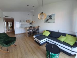 a living room with a blue couch and a kitchen at Apartament BLUE37 in Sarbinowo