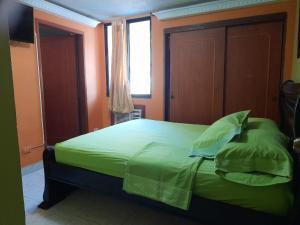 una camera da letto con letto con lenzuola verdi e finestra di Apartamento Oasis a Puerto de Gaira