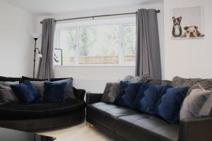 a living room with two couches and a window at Didcot - Private Flat with Garden & Parking 07 in Didcot