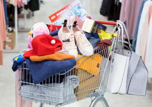 a shopping cart filled with clothes and shoes at Viking Line ferry Viking XPRS - One-way journey from Helsinki to Tallinn in Helsinki