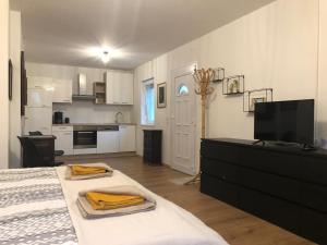 ein Schlafzimmer mit einem Bett und einem TV sowie eine Küche in der Unterkunft See Appartements in Mörbisch am See