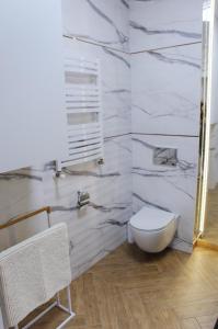 a bathroom with a white toilet and marble walls at Apartamenty na skraju lasu in Ustka