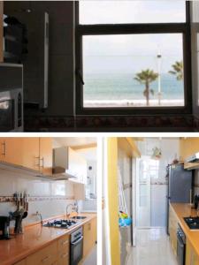eine Küche mit Blick auf den Strand vom Fenster aus in der Unterkunft Departamento frente al mar 3 habitaciones 2 baños in Coquimbo