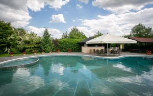 a swimming pool with a table and a umbrella at Forrás vendégház in Dunaegyháza