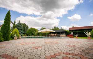 a patio with a umbrella and a pavilion at Forrás vendégház in Dunaegyháza