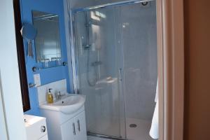 a bathroom with a shower and a sink at Castle Green Bed and Breakfast in Matlock