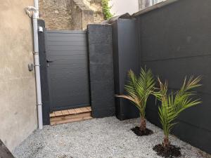 a black fence with two plants in front of it at Appartement cosy à Nantes avec terrasse in Nantes