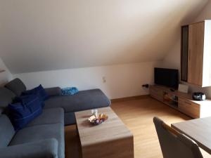 a living room with a blue couch and a tv at Haus Rosi in Weiskirchen