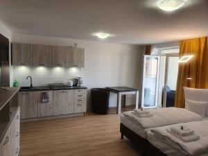 Apartments Oberschlesien في غورليتز: غرفة نوم بسرير ومطبخ مع طاولة