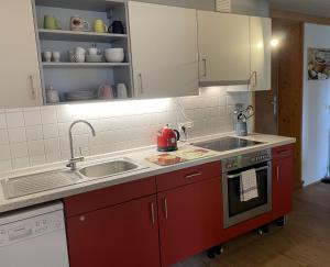 a kitchen with red cabinets and a sink at Rose Cottage im romantischen Taubertal in Adelshofen