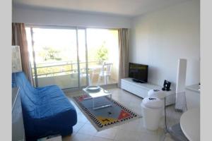 a living room with a blue couch and a television at F2 Climatisé Piscine Proche Plage in Cavalaire-sur-Mer