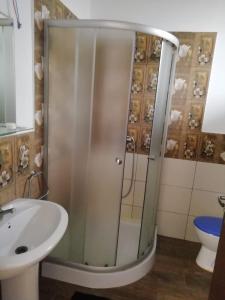 a bathroom with a shower and a sink at Pensiunea Mario in Curtici