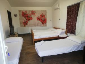 a room with three beds and a painting on the wall at Pensiunea Mario in Curtici