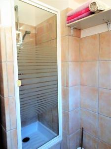 a shower with a glass door in a bathroom at Maison De Village in Saint-Raphaël