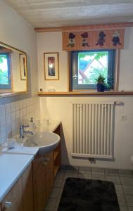 a bathroom with a sink and a radiator and a window at Rose Cottage im romantischen Taubertal in Adelshofen