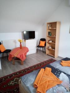 1 dormitorio con 1 cama, TV y mesa en Brezovay Kastély Panzió, en Egerszólát