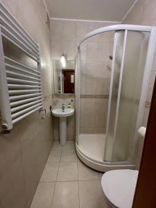 ein Badezimmer mit Dusche und Waschbecken in der Unterkunft One bedroom Kreschatik Str 4 in Kiew + 7 Fotos