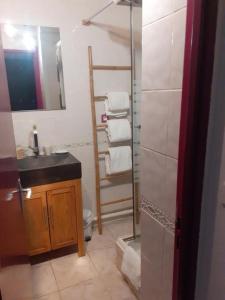 a bathroom with a sink and a shower with towels at Les Lamparos in Palavas-les-Flots