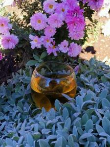 a glass bowl sitting on top of purple flowers at Guest house Gidi in Sighnaghi