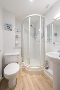 een badkamer met een douche, een toilet en een wastafel bij 7 Camelside in Wadebridge