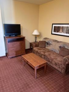 sala de estar con sofá y TV de pantalla plana en AmericInn by Wyndham Fargo Medical Center, en Fargo