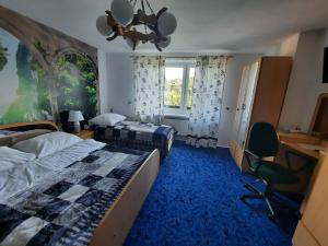 1 dormitorio con 2 camas, escritorio y ventana en PENSJONAT KAPRYS, en Jesionka