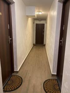 a hallway with two doors and a wooden floor at Apartamenty Otrytturystyka in Ustrzyki Dolne