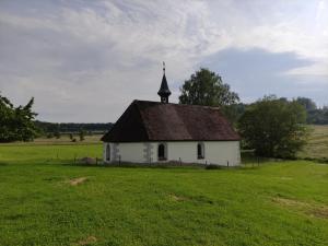 a small white church with a steeple in a field at Hofgut Breitenbach in Markdorf