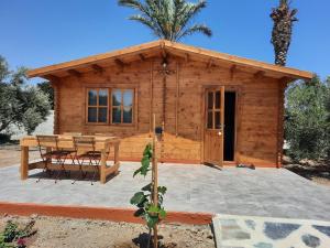 a small wooden cabin with a table and a table at Cyprus Glamping Park in Ayios Theodhoros