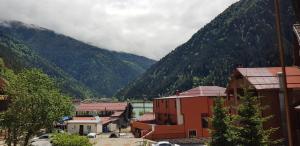 a view of a town with mountains in the background at Önal pansiyon in Uzungöl