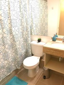 Un baño con inodoro y cortina de ducha. en Departamento Laguna Bahía Algarrobo, en Algarrobo