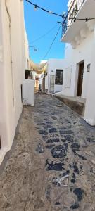 an alley with a stone walkway between two buildings at Mini Traditional House in Skiros