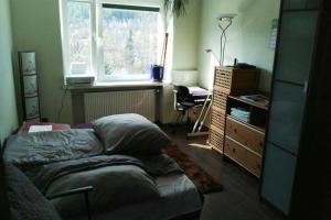 a bedroom with a bed and a desk and a window at Apartament rodzinny 2 pokojowy. Widok na Snieżke. in Karpacz