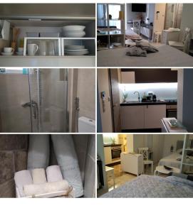 un collage de fotos de una cocina y un baño en Studio στο κέντρο του Βόλου, en Volos