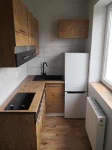 a kitchen with a white refrigerator and wooden cabinets at Rybacka 28 in Kąty Rybackie