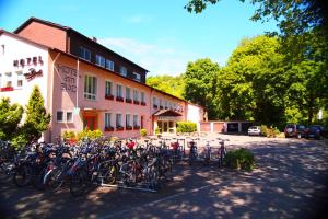 eine Gruppe von Fahrrädern, die vor einem Gebäude geparkt sind in der Unterkunft Hotel am Bad in Tübingen