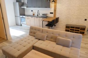 ein Wohnzimmer mit einem Sofa und einer Küche in der Unterkunft Rita, apartament ideal per a dos in Tremp