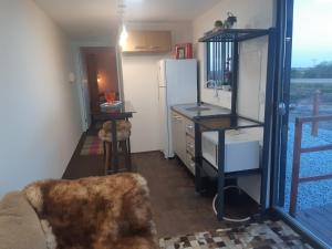 eine Küche mit einem Sofa und einem Kühlschrank in einem Zimmer in der Unterkunft Casa Container in Bagé