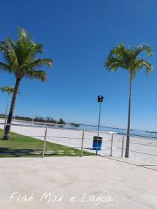 two palm trees on a beach with the ocean at Flat entre Mar e Lagoa in Arraial do Cabo