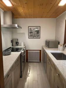 a kitchen with a sink and a stove top oven at Peaceful Getaway Cottage on grounds of historic mid-century gem in Northborough