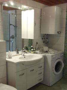 a bathroom with a sink and a washing machine at Gästehaus Schmid & Reitzner in Immenstadt im Allgäu