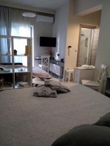 Dormitorio con cama, escritorio y TV en Studio στο κέντρο του Βόλου, en Volos