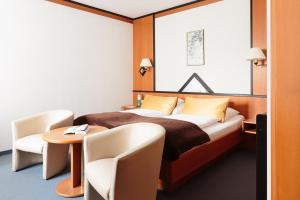 una camera d'albergo con un letto, un tavolo e delle sedie di VitalZeit Hotel Weber a Bad Schönau